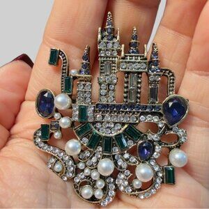 Castle Brooch Rhinestone Faux Pearl Statement Pin – approx 2.5” x 2”